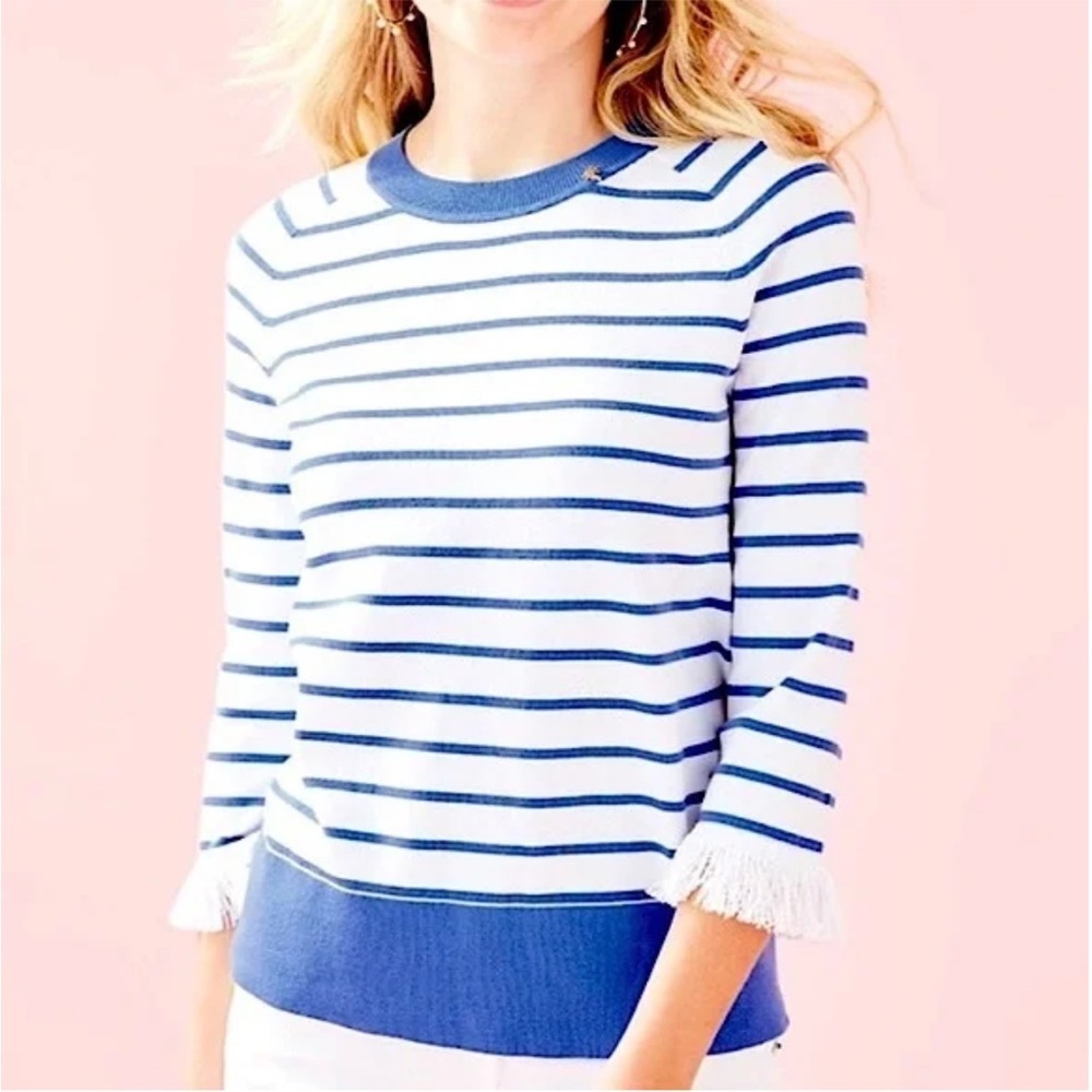 Lilly Pulitzer Dasha Cotton Striped Fringe Sweater Coastal Blue Size Small